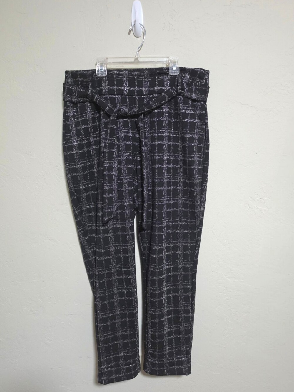 7th Ave Design Studio NY & Co Black & Silver Metallic Plaid Tie-Waist Pants XL